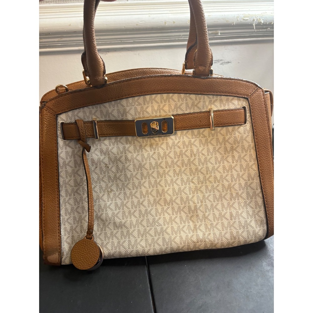Michael Kors Monogram Satchel Bag Brown Leather Trim Gold Hardware